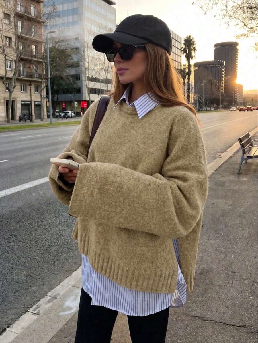Senya 女款秋冬純色圓領長袖輕量針織羊毛毛衣,側開衩設計針織上衣,百搭針織套頭衫 - 卡其色 - 查看 1