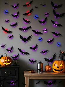 3D Bat Wall Sticker Set, Halloween Party Indoor Wall, Door And Window Decoration, Realistic Black Bat Haunted House Scary Scene Decor Props - Multicolor - View 5