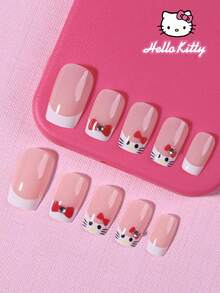 Sanrio Hello Kitty 24片正方形美甲貼片式假指甲，法式指尖設計，附可愛Hello Kitty、蝴蝶結與水鑽圖案，完美貼合假指甲套組，含1片果凍膠與1個指甲锉，適合女性女孩日常、派對與聚會使用 - 彩色 - 查看 2