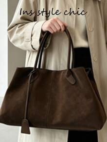 Large Capacity Soft Open-Top Maillard Ins Minimalist Relaxed Style Shoulder Tote Bag, Casual Women's Handbag For Office, Commute, Travel, Shopping, Dating - Coffee - View 2