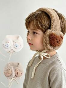 1pc Toddler Plush Bear Ear Muffs, Comfortable Fleece Adjustable Drawstring Children Ear Warmers, Sweet Neutral Color Baby Outdoor Casual Ear Accessories - 1PC - View 2