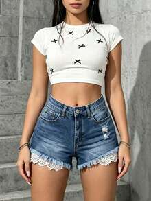New Fashion Women Lace Decor Mid-Waist Elastic Denim Shorts Casual Summer - Light Wash - View 5