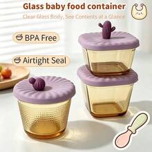 1pc High Borosilicate Glass Baby Food Storage Box, Glass Body Heat Resistant Up To 400℃, Equipped With Soft Silicone Lid, Multi-Functional Food Storage Box, Dry Fruit Snack Airtight Storage, Soft Silicone Lid, Leak-Proof When - Purple - View 1