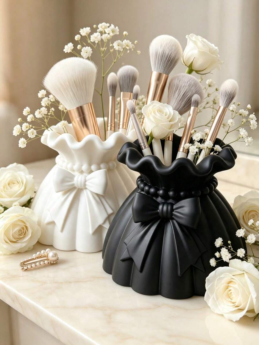 1/2pcs Elegant Bowknot Beaded Makeup Brush Holder, Ruffled Wavy Rim Cosmetic Storage Bucket, Multi-Functional Desktop Makeup Organizer, Ideal Gift For Women Home Decor - Multicolor - View 1