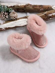 Infant & Toddler Girls Plush Fur Trim Winter Snow Boots, Girls Warm Fleece Lining Ankle Boots, Side Zipper Non-Slip Sole Casual Outdoor Boots - Pink - View 3