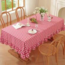 1pc Nordic Minimalist Red Plaid Ruffle Edge Pure Cotton Tablecloth, Suitable For Wedding, Valentine's Day And Daily Use - Red - View 7