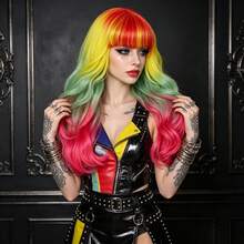 Medium Long Wavy Curly Rainbow Synthetic Hair With Bangs - Natural Looking, Beginner Friendly, Daily Fashion Halloween Cosplay Colorful Holiday Party Costume Wig For Women - Multicolor - View 3