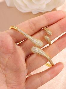 rakol Set Perhiasan Wanita 2 Buah Gelang dan Cincin Terbuka Berbentuk Tetesan Air Mata Warna Emas dengan Hiasan Batu Zirkonia Kubik - tetesan air - View 7