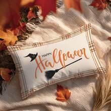 1pc Autumn Halloween Magic Broom Witch Hat Text Illustration Cushion Cover, Single-Sided Printed Peach Skin Velvet Material, 30*50/40*60CM Pillowcase Suitable For Modern Minimalist Sofa Living Room Decor, Party Decoration, Gift Giving - Multicolor - View 7