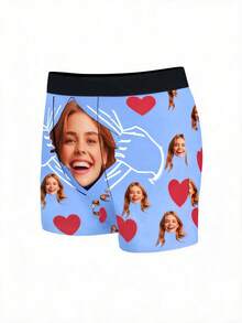 1pc Men's Customizable Photo & Pattern Personalized Fashion Fun Custom Boxers, Suitable For Daily Wear And Gifting - Blue - View 4