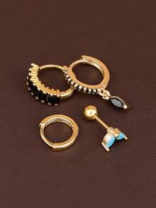 4PCS Fashion Small Square Black Hoop Earring Set For Women Cute Stainless Steel Turquoise Stainless Steel Stud Earrings Party Jewelry Gifts - Silver - 4pcs - View 6