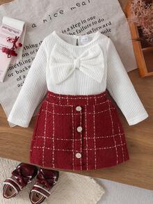 2pcs Baby Girl Luxury Elegant Style Large Bow Decor Textured Round Neck Long Sleeve Top & Plaid Skirt Set, Spring/Autumn Thin - Burgundy - View 1