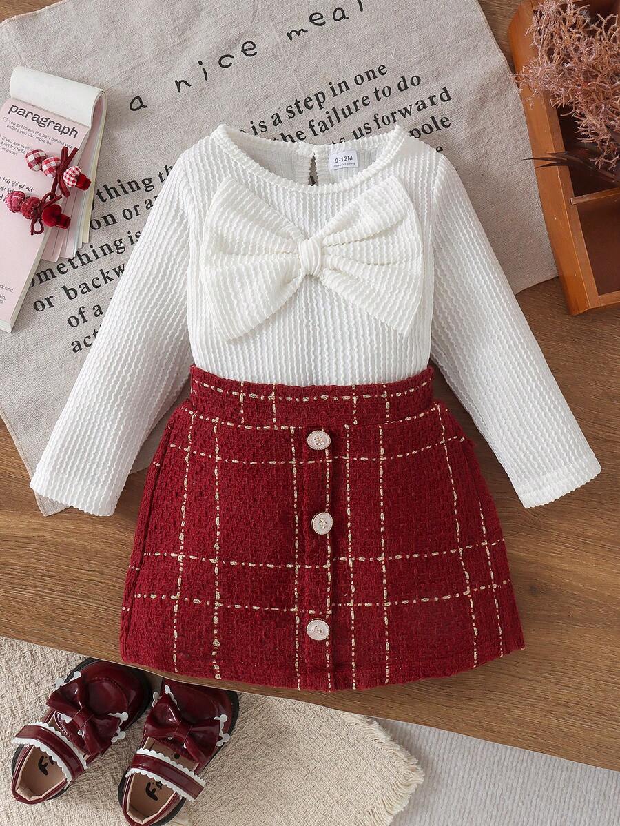 2pcs Baby Girl Luxury Elegant Style Large Bow Decor Textured Round Neck Long Sleeve Top & Plaid Skirt Set, Spring/Autumn Thin - Burgundy - View 1