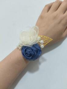 1件女款腕花飾品 新娘伴娘婚禮紅玫瑰花飾 手腕花飾 新娘派對手部飾品 胸針 雞尾酒會舞會 日常手鍊配件 - 700-米+寶藍 - 查看 4