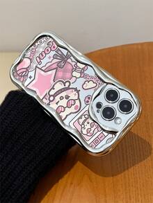 Electroplated Silver Shiny Wavy Frame Sweet Cool Cartoon Cat Phone Case, High Gloss Full Coverage Anti-Drop Protective Shell, Compatible With Apple 11/12/13/14/15/16/17/PRO/PROMAX/PLUS/AIR And Other Phone Models - Silver - View 6