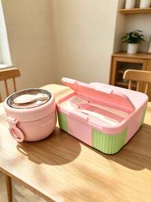 SEAL LOCK 3pcs Lunch Box Set, Lunch Box, Convenient Bento Box With Built-In Utensils, Girl Series Pink Lunch Box, Outdoor Food Carrying Container, Office Worker And Student Lunch Box - Pink - View 8