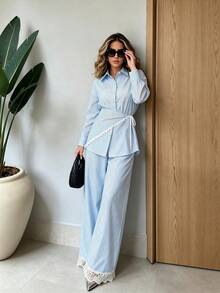 2pcs Solid Color Casual Elegant Front Button Tie Long Sleeve Shirt + Pants Set, Vacation All Season - Sky Blue and White - View 4