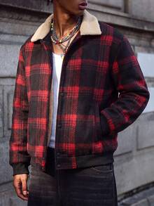 MAISONFOX 男士格紋單排扣長袖大衣，休閒翻領保暖內裡夾克，適合秋冬穿著 - 紅色 - 查看 4