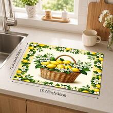 1pc Yellow Lemon Flower Basket Pattern Dish Drying Mat, Fresh Country Style, Quick-Dry Absorbent Material, 2D Flat Floral Print Design, Non-Slip Surface Protection, Suitable For Daily Kitchen, Dish Drying, Family Gatherings And Home Decor - Multicolor - View 9
