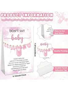 Ensemble de 51 pièces pour jeux de baby shower, comprend le panneau "Don't Say Baby" et 50 pinces en plastique pour baby shower, convient pour fête de révélation du , jeux de fête de baby shower - Rose bonbon - Voir 5