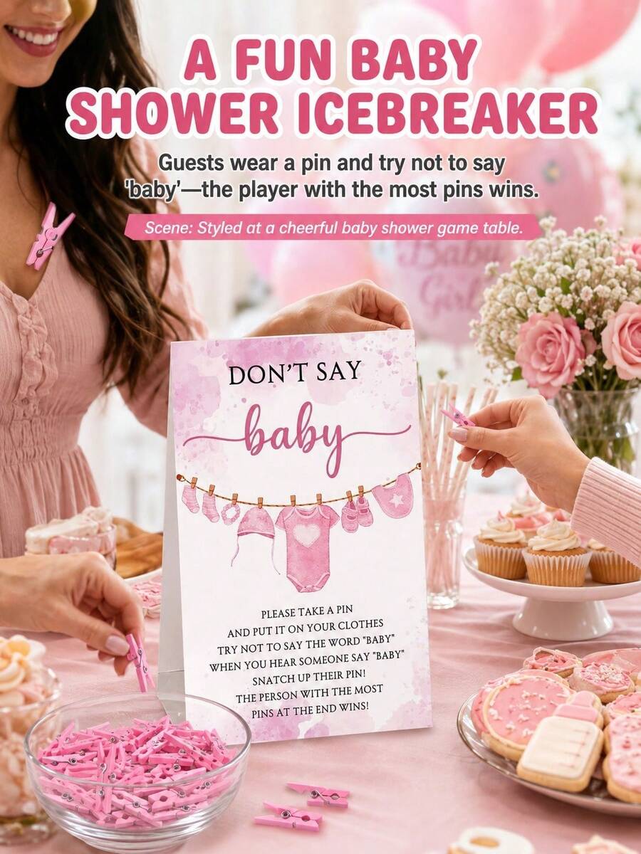 Ensemble de 51 pièces pour jeux de baby shower, comprend le panneau "Don't Say Baby" et 50 pinces en plastique pour baby shower, convient pour fête de révélation du , jeux de fête de baby shower - Rose bonbon - Voir 1