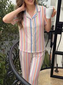 DAZY Women's Striped Patchwork Single-Breasted Short Sleeve Top And Long Pants Casual Loungewear Set - Multicolor - View 3