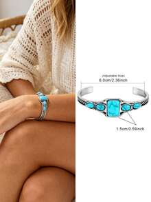 Yanxyad 1/4Pcs Western Boho Turquoise Open Cuff Bangle Set, Antique Silver Carved Cross Adjustable Bracelets For Women - Turquoise - View 10