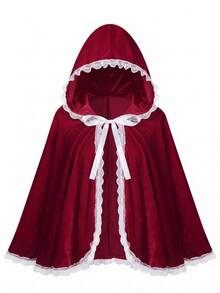 1 Pieza Capa con Capucha de Terciopelo Gótico para Mujer, Capa de Caperucita Roja para Cosplay con Ribete de Encaje en Contraste para Halloween y Fiesta de Navidad - Burdeos - Ver 7