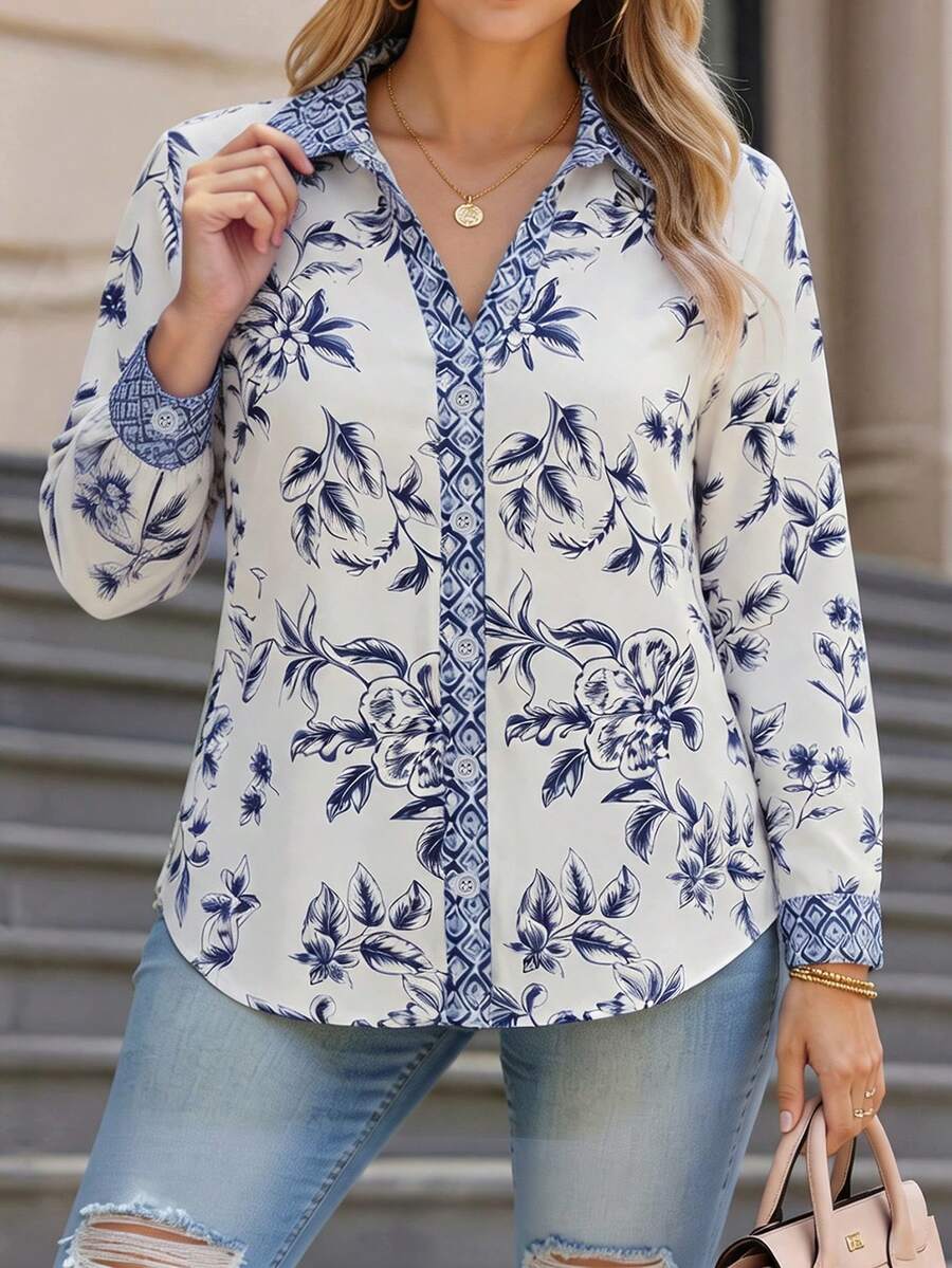 HOMEYEE Plus Size Women's Floral Print Long Sleeve Shirt, Summer Fashion Vacation Casual Commute Blouse - Blue - View 1