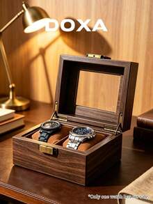 DOXA Retro Wood Grain 2-Grid Watch Display Box, Brass Hardware Transparent Window Suede-Lined Desktop Watch Storage Box - Brown - View 4