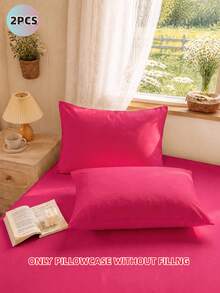2pcs Rose Red Ultra Soft Solid Color Pillowcases, Lightweight And Breathable, Envelope Closure, Solid Color Bed Pillowcases, Suitable For Bedroom, Dorm, Back To School Season And More. - Hot Pink - View 2