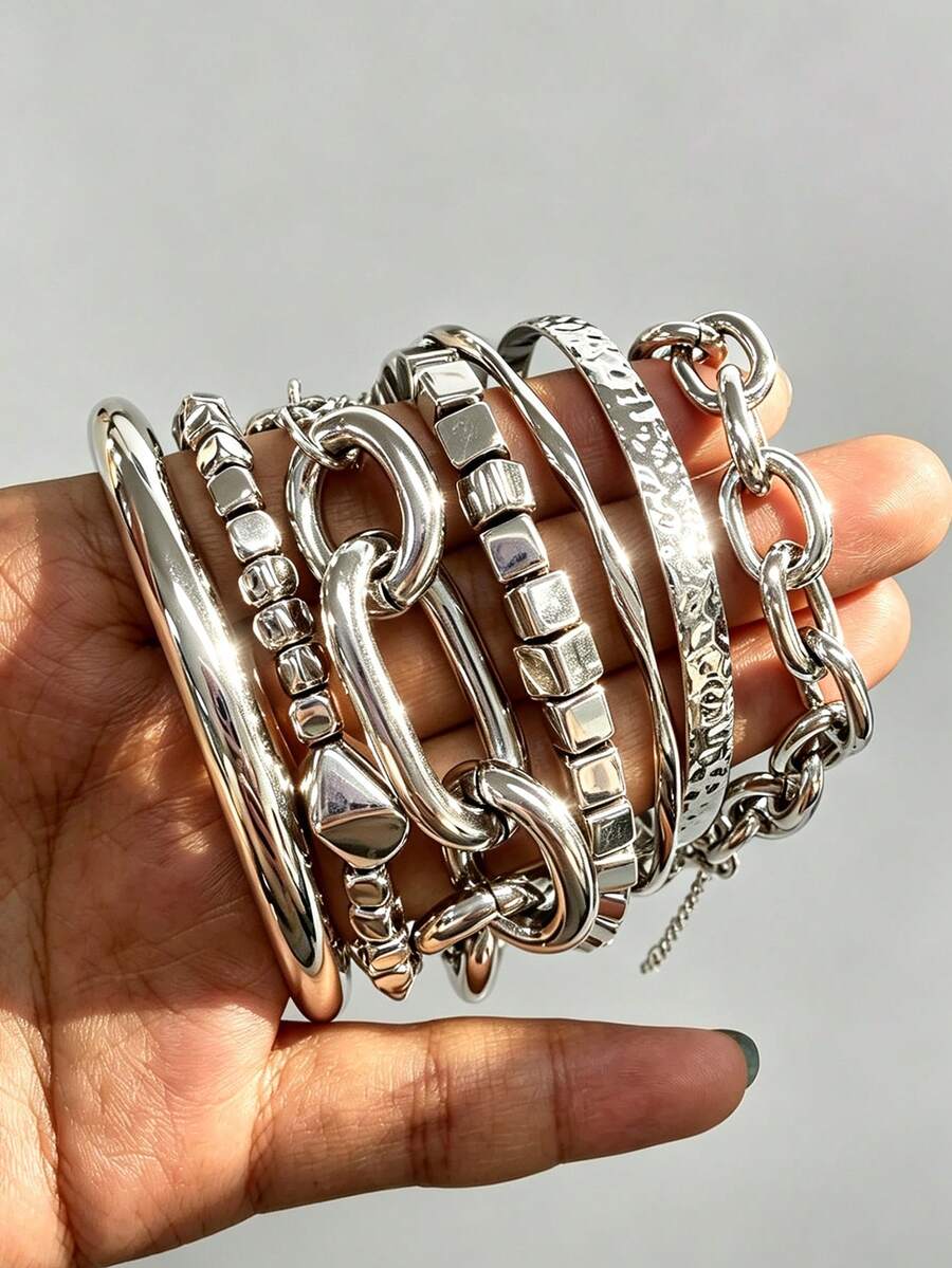 7pcs Vintage Fashion Punk Style Hammered Geometric Chain Silver Bracelet Set, Suitable For Women's Daily Wear, Party, Beach, Vacation, Wedding, Layering, Gift - Silver - View 1