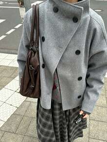 Women's Grey Woven Fabric Loose Coat, Stand Collar & Dropped Shoulder Design, Button Detail, Long Sleeve, Regular Fit, Suitable For Winter Daily Wear - Grey - View 1