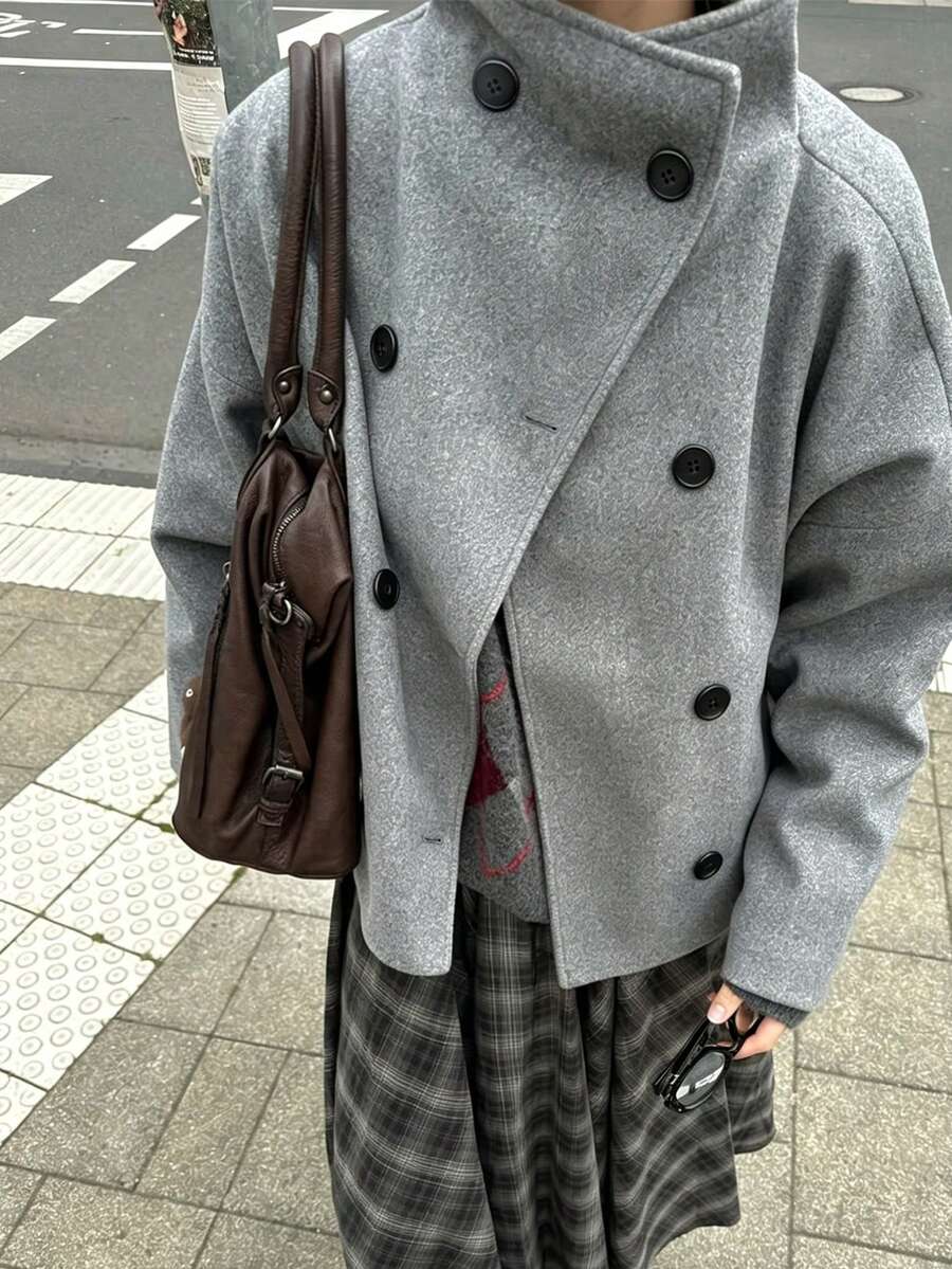 Women's Grey Woven Fabric Loose Coat, Stand Collar & Dropped Shoulder Design, Button Detail, Long Sleeve, Regular Fit, Suitable For Winter Daily Wear - Grey - View 1