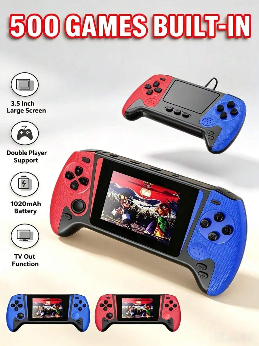 1件新款大螢幕遊戲機，內建500款經典復古遊戲，懷舊紅白色機身，可雙人對戰，可連接電視/投影，便攜旅行FC手持遊戲機，3.5吋螢幕，可充電，生日節日禮物