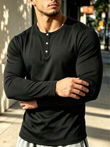 Men's Black Henley Collar Long Sleeve T-Shirt, 3-Button Placket, Crew Neck Casual Base Layer - Black - View 1