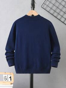 Boys' Simple Argyle Patchwork Half-Zip Mock Neck Long Sleeve Knit Sweater, Textured Casual Pullover, Versatile For Daily Wear, School, Spring, Autumn, Winter - Navy Blue - View 3