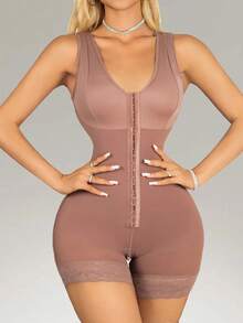 1pc Women's Full Body Shapewear Yoga And Daily Wear Minimalist Comfortable Tummy Control Waist Lift Butt Lift Bust Shaping Bodysuit Front Button Adjustable Shoulder Straps High Waist Design Tight Fit - Purple - View 5
