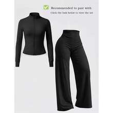 2pcs Black Zipper Jacket & High Waist Tummy Control Butt Lifting Wide Leg Pants Women's Commute Travel Casual Set - Black - View 3