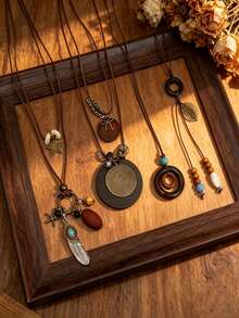 4pcs Vintage Adjustable Wax Cord Necklaces, Bohemian Pendant Necklaces - Multicolor - View 1