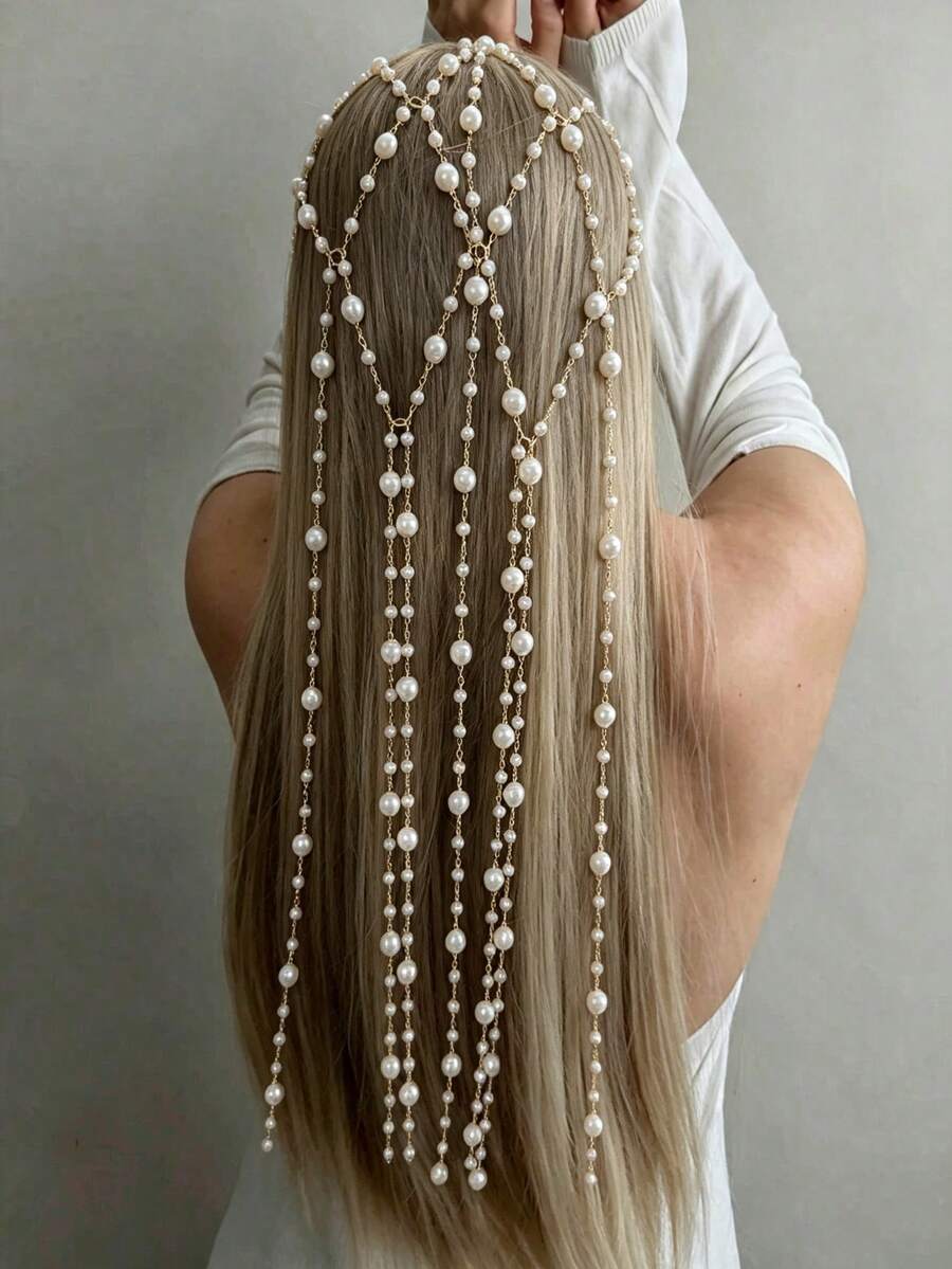 Exquisite Shiny Hollow Mesh Hair Chain Tassel Hair Accessory For Women, Versatile For Party And Banquet - Gold - View 1