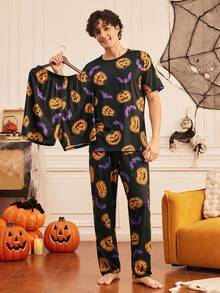 Notgurli 3 PiecesHalloween Loungewear Set – Bat & Pumpkin Prints; Fun, Comfortable, And Perfect For Everyday Lounging At Home House Party - Multicolor - View 1