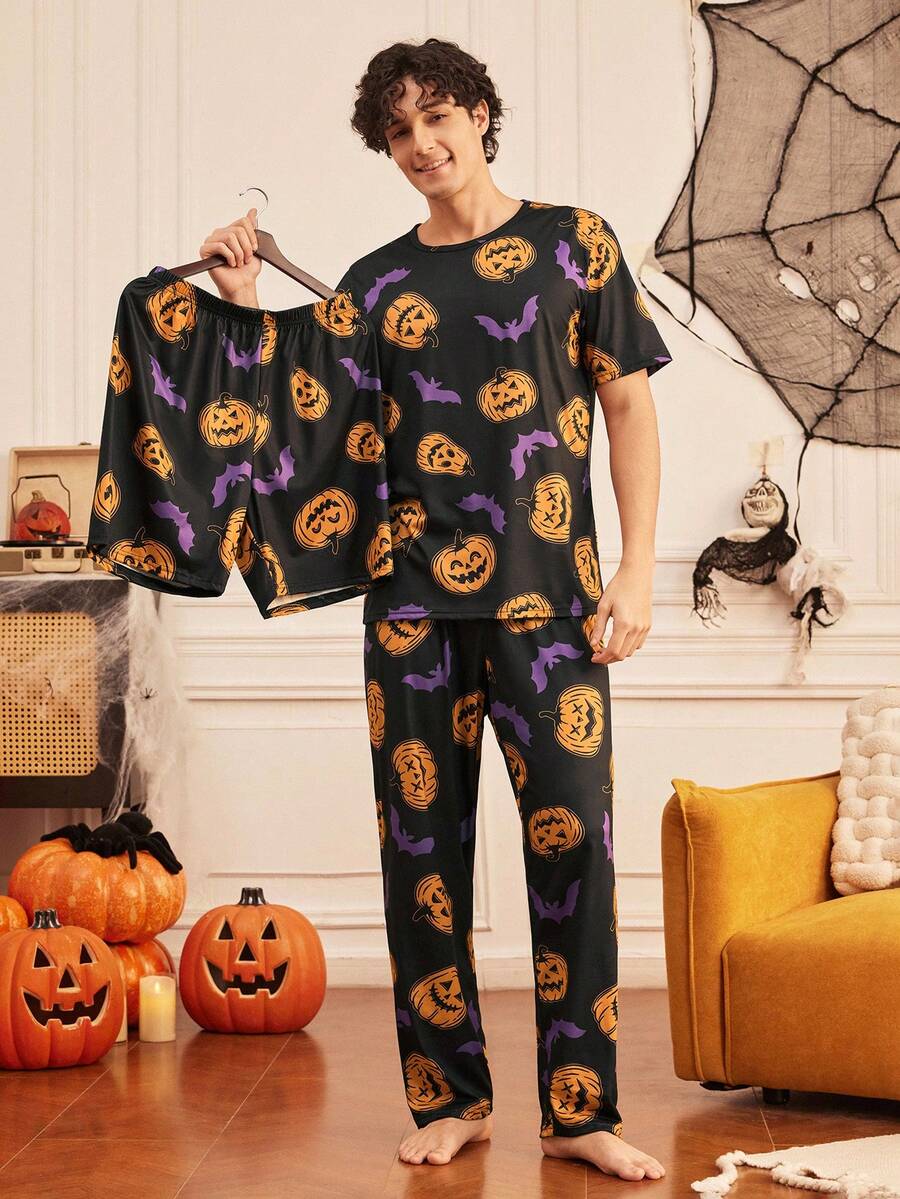 Notgurli 3 PiecesHalloween Loungewear Set – Bat & Pumpkin Prints; Fun, Comfortable, And Perfect For Everyday Lounging At Home House Party - Multicolor - View 1