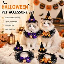 Bộ 2 món phụ kiện thú cưng Halloween, mũ phù thủy và vòng cổ nơ bèo ren kèm mặt dây chuyền bí ngô, trang phục tiệc lễ hội cho chó nhỏ và mèo - Nhiều màu - Xem 2