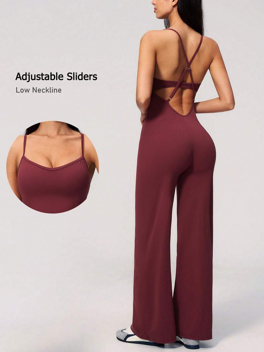 NcmRyu 1pc Women's Fashion Cross Spaghetti Strap Backless V-Back Waist One-Piece Straight Leg Wide Leg Jumpsuit - Red - View 1