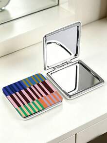 1pc Portable Makeup Mirror With Pc Lines, Heart-Shaped/Round/Rectangular, Foldable With Double Pockets - A Portable Travel Makeup Mirror - Designed With A Neat Line Pattern - An Ideal Gift For Women - Multicolor - View 3