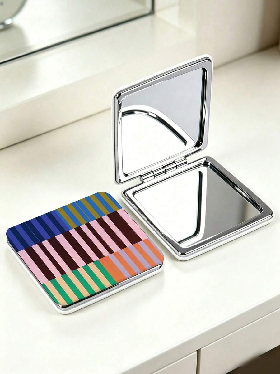 1pc Portable Makeup Mirror With PC Lines, Heart/Round/Rectangular Shape, Foldable With Dual Pockets - Portable Travel Makeup Mirror - Designed With Clean Line Pattern - Ideal Gift For Women