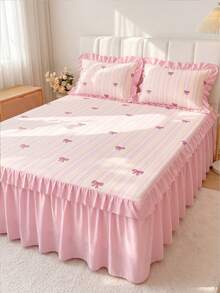 1pc Ruffle Bed Skirt, Striped Bow Print Bedding, Bed Cover, Mattress Protector, Room Decor, Home Textile, Soft Breathable Comfortable Lightweight, Suitable For Twin/Full/Queen/King Size Bed, Dust-Proof Anti-Slip, All Season Use, Machine Washable - Multicolor - View 5