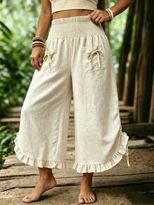 Plus Size Women's Bohemian Style Cropped Wide Leg Pants, Elastic Waistband With Knot Pocket And Ruffle Hem, Loose Fit Long Pants - Apricot - View 3