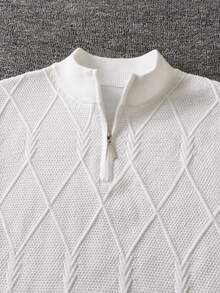 Boys' Simple Argyle Half-Zip Half-Neck Long Sleeve Sweater Knit Pullover, Textured Casual Versatile Top For Daily Wear And School, Spring/Autumn/Winter - White - View 3